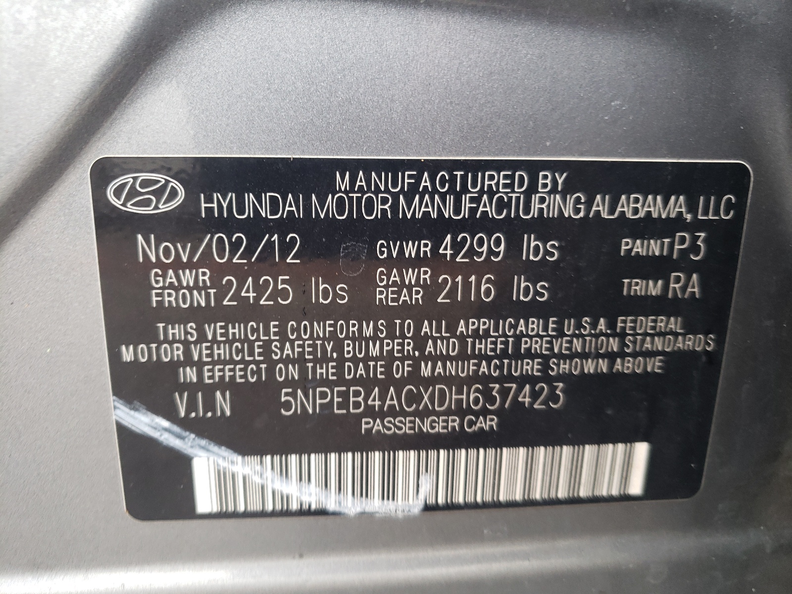 5NPEB4ACXDH637423 2013 Hyundai Sonata Gls