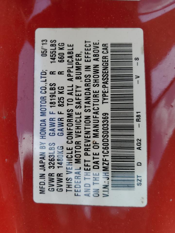 2013 Honda Cr-Z Ex VIN: JHMZF1C60DS003369 Lot: 61814594