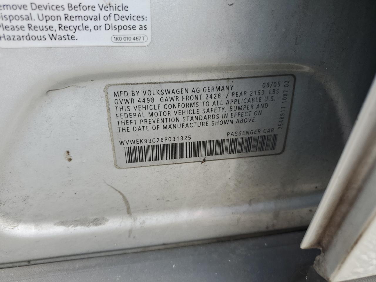 2006 Volkswagen Passat 2.0T Luxury VIN: WVWEK93C26P031325 Lot: 64440174