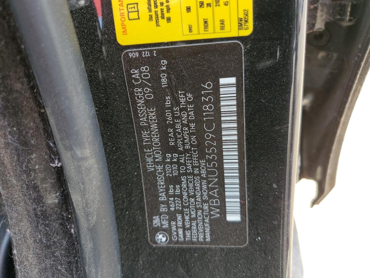 2009 BMW 528 I VIN: WBANU53529C118316 Lot: 63051094