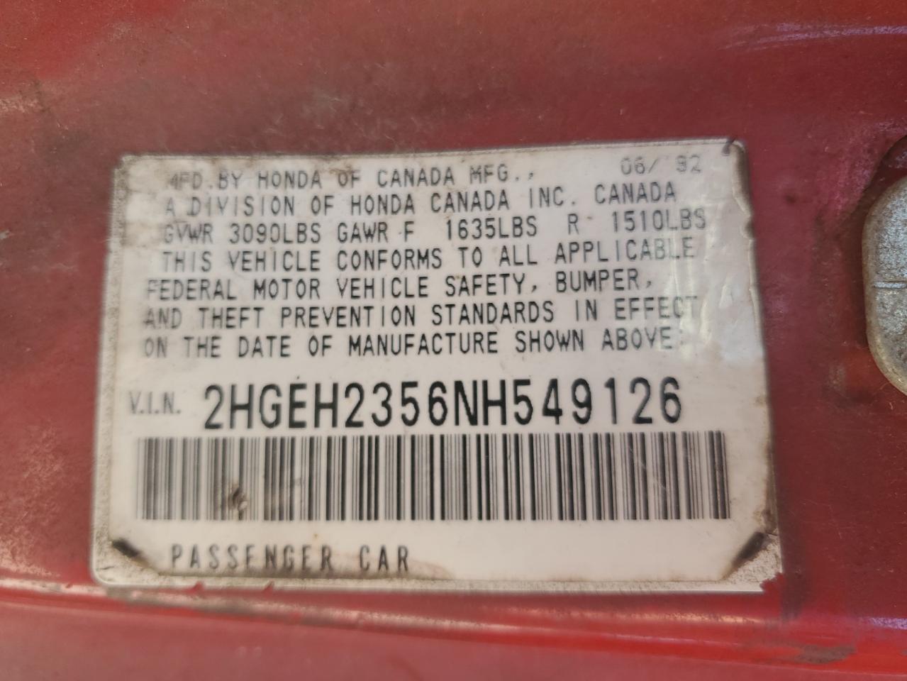 2HGEH2356NH549126 1992 Honda Civic Dx 2HGEH2356NH549126 1992 Honda Civic Dx