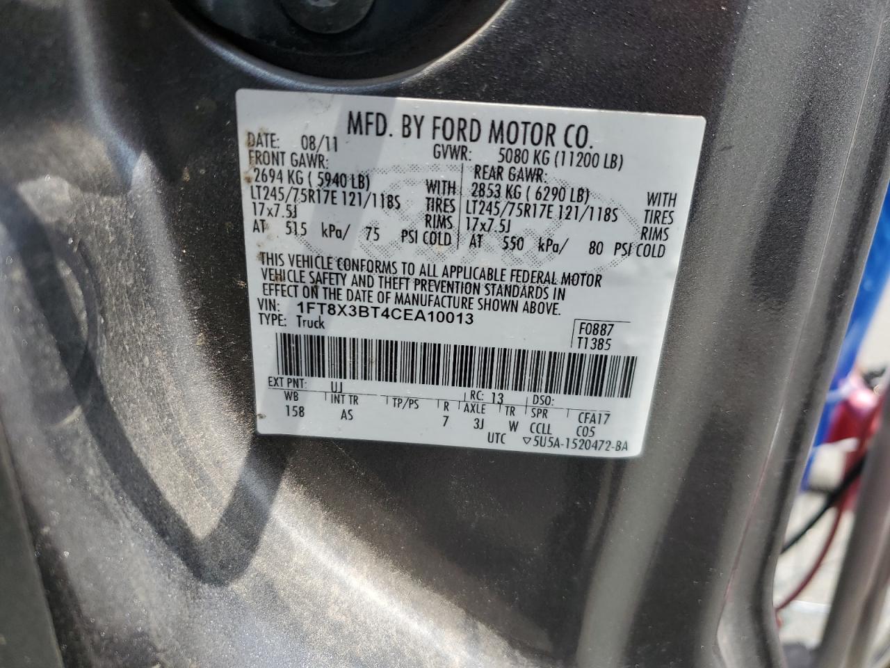 2012 Ford F350 Super Duty VIN: 1FT8X3BT4CEA10013 Lot: 64628524