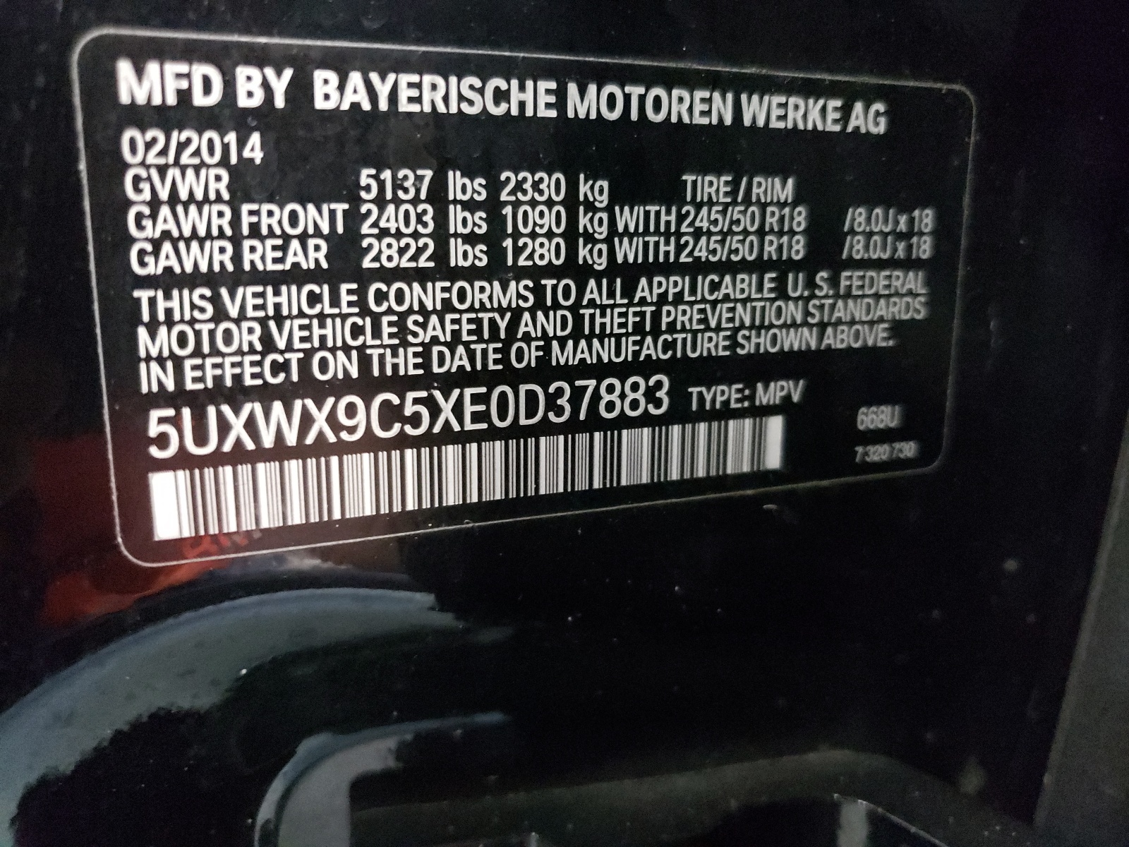 2014 BMW X3 xDrive28I vin: 5UXWX9C5XE0D37883