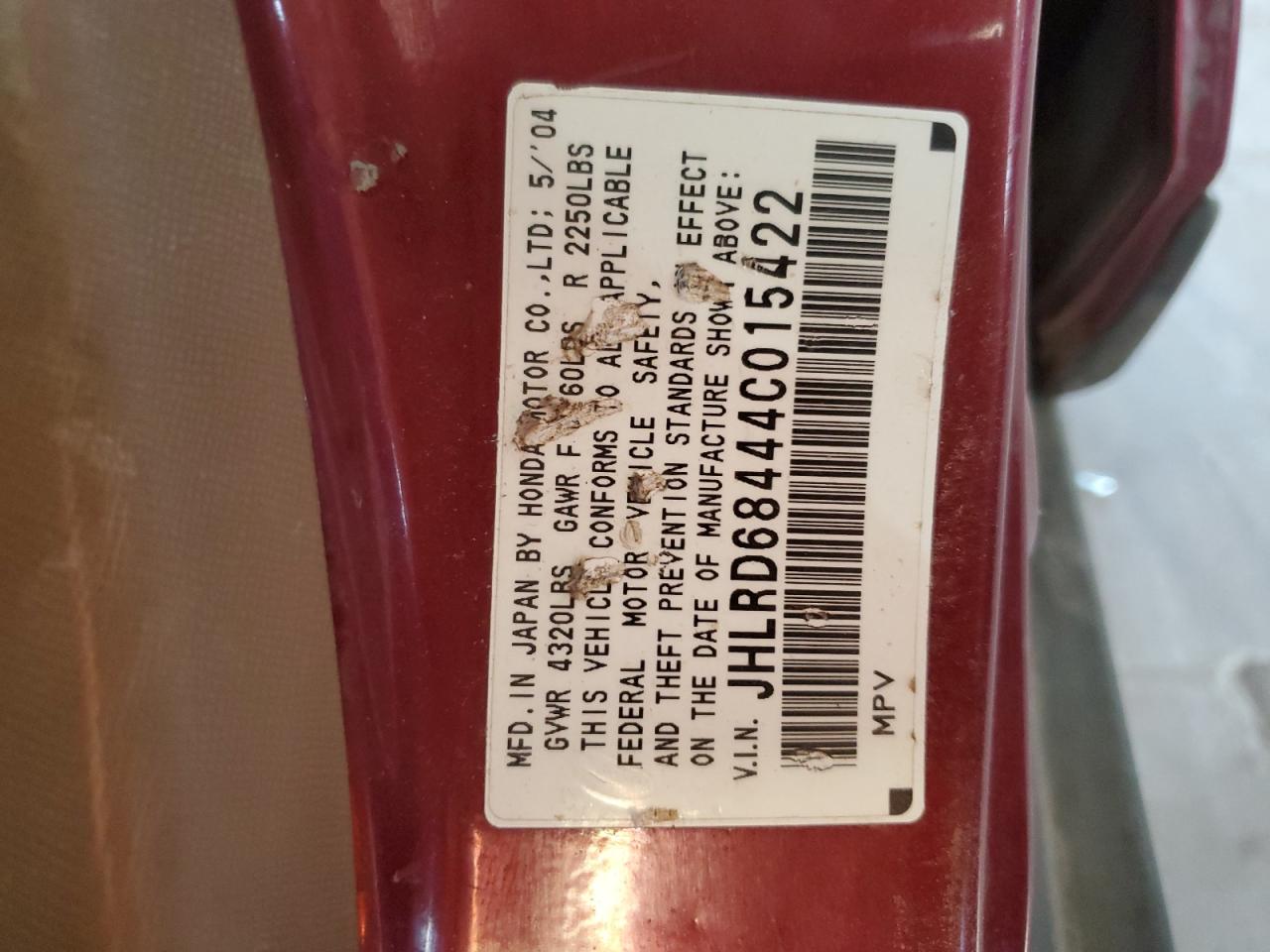 2004 Honda Cr-V Lx VIN: JHLRD68444C015422 Lot: 64195284