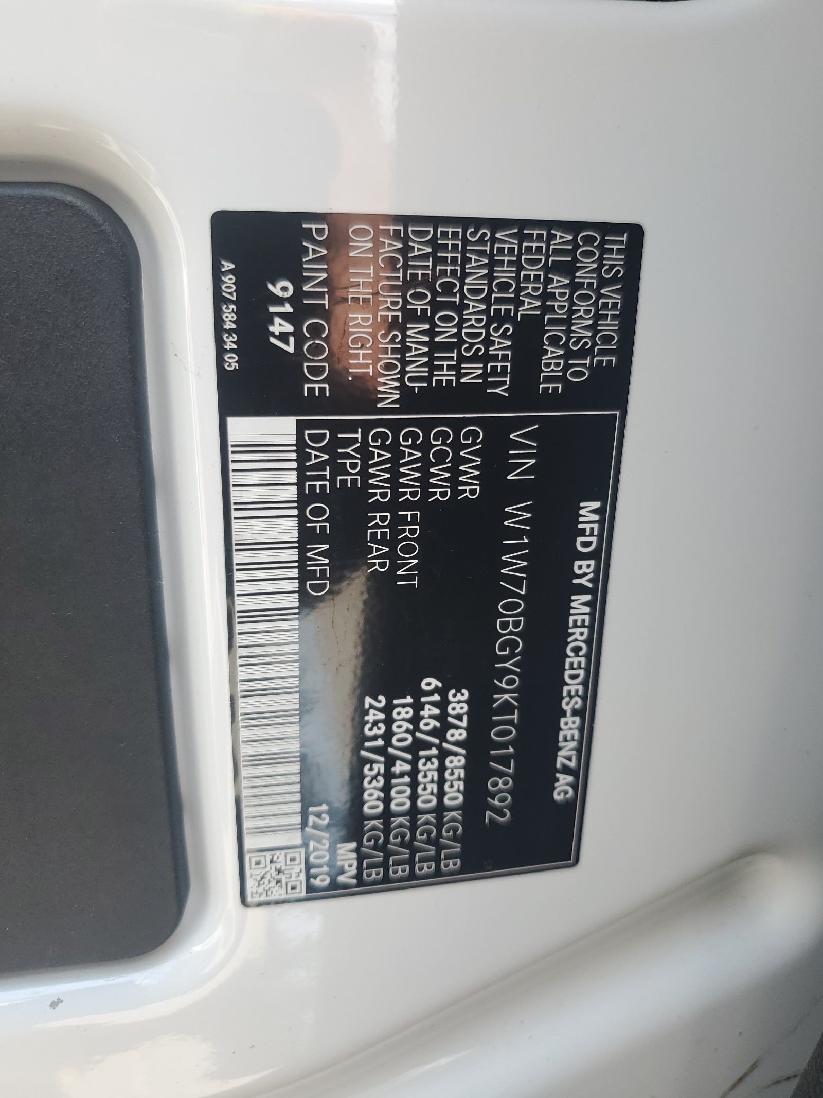 W1W70BGY9KT017892 2019 Mercedes-Benz Sprinter 1500