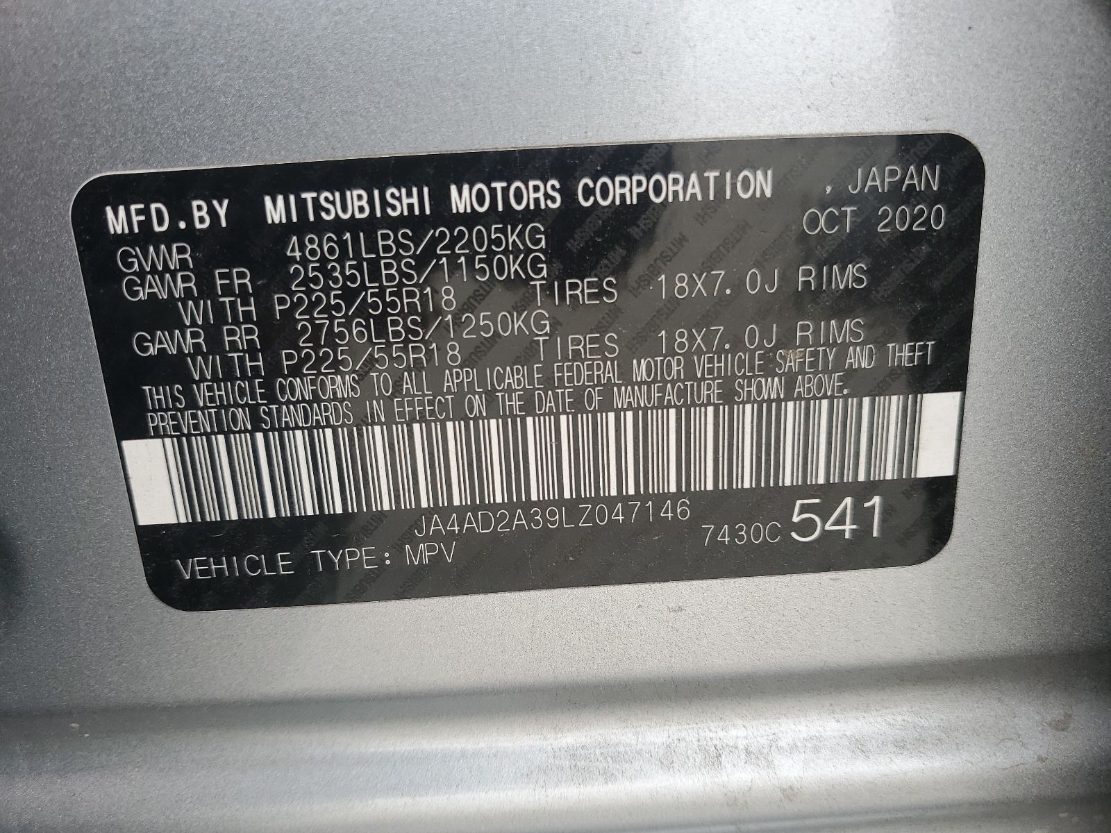 JA4AD2A39LZ047146 2020 Mitsubishi Outlander Es