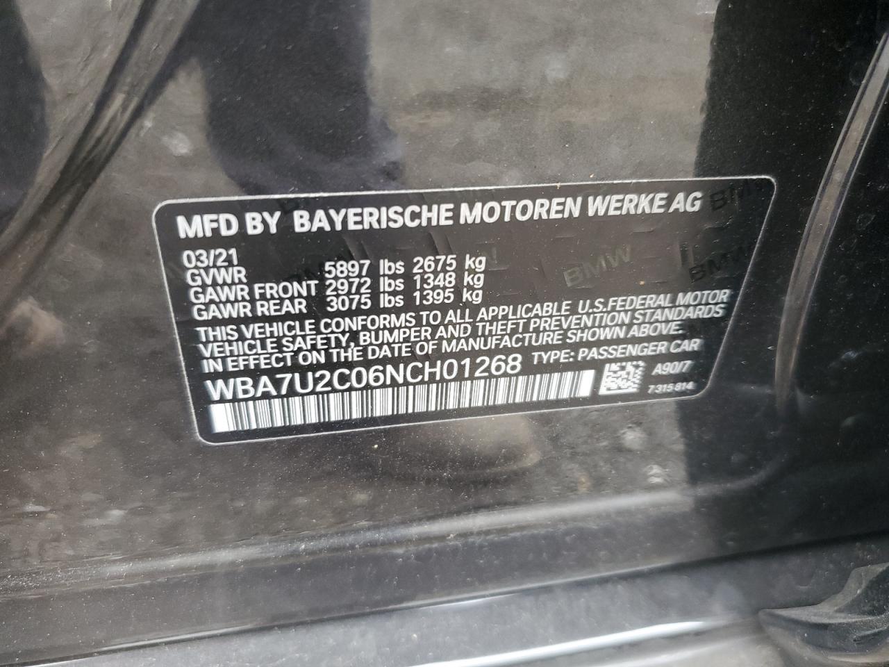 2022 BMW 750 Xi VIN: WBA7U2C06NCH01268 Lot: 64708974