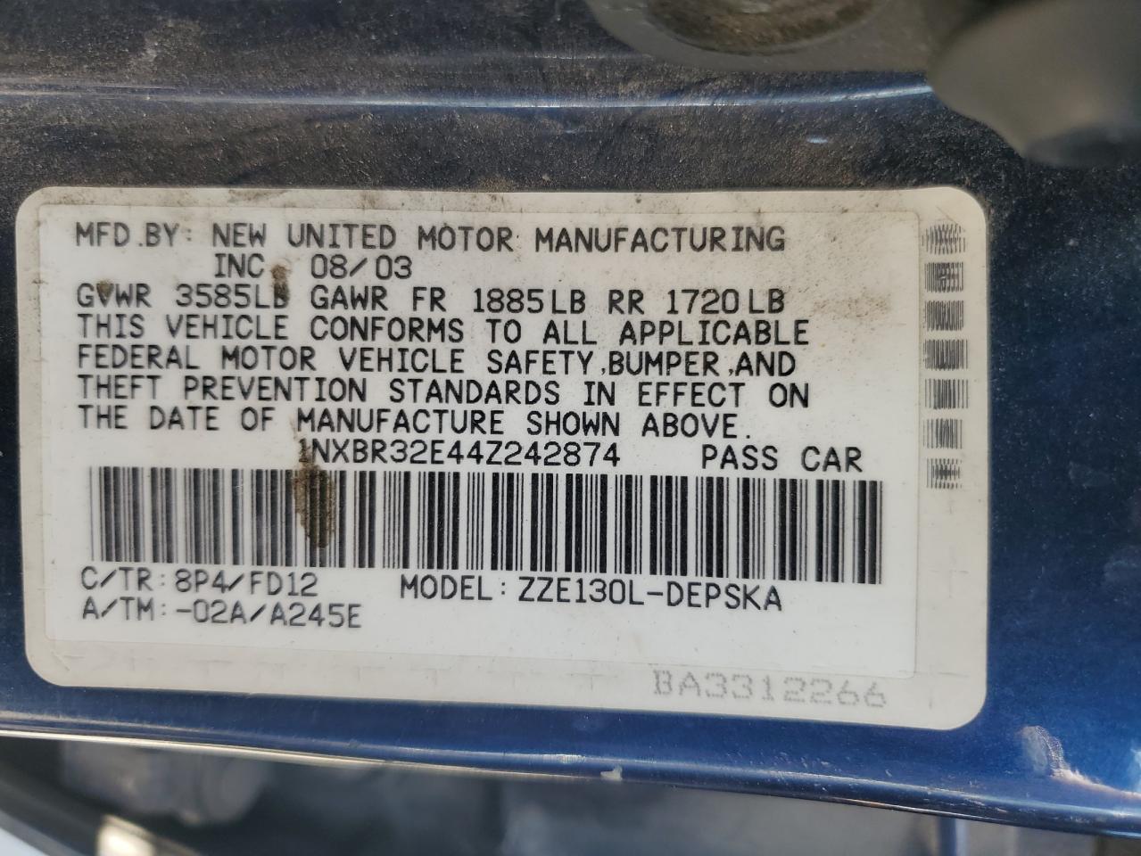 2004 Toyota Corolla Ce VIN: 1NXBR32E44Z242874 Lot: 63853094