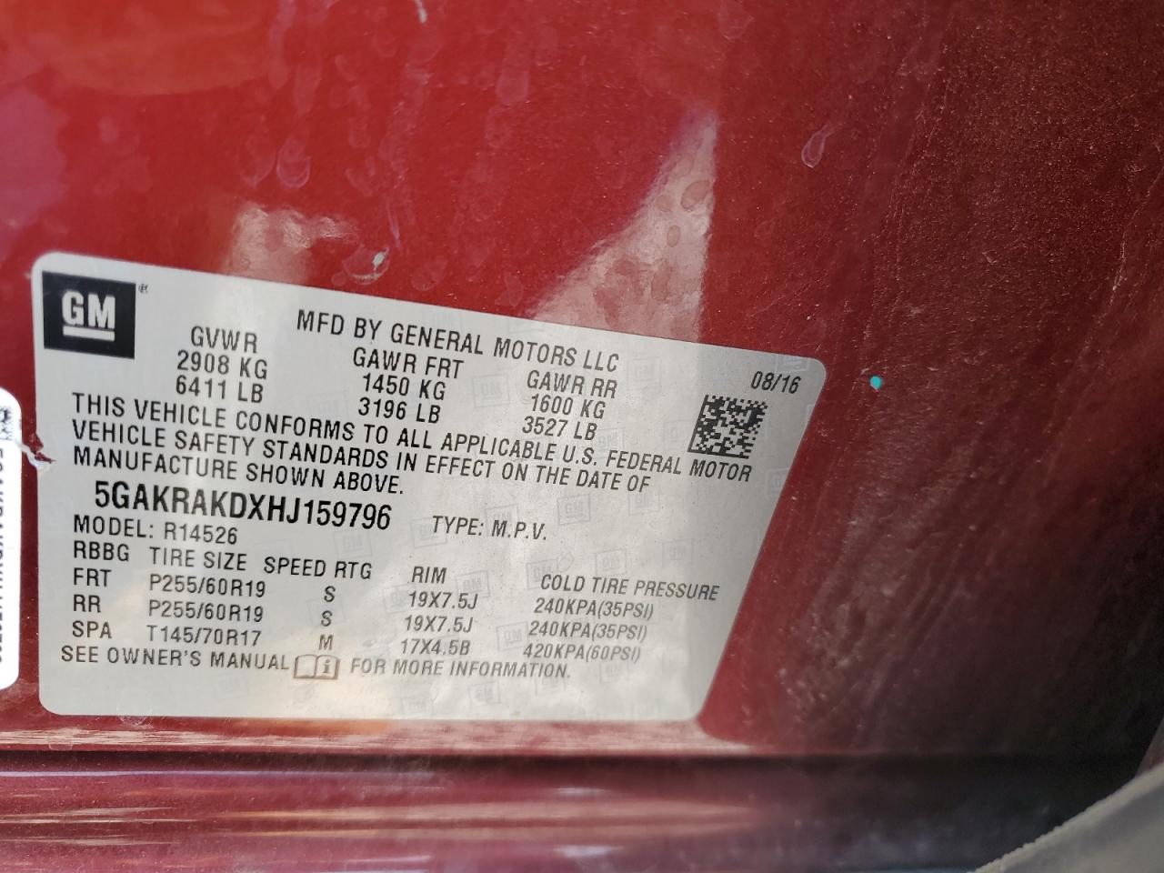 2017 Buick Enclave VIN: 5GAKRAKDXHJ159796 Lot: 64961434