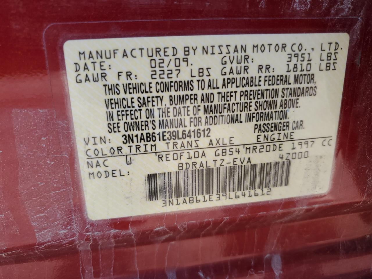 2009 Nissan Sentra 2.0 VIN: 3N1AB61E39L641612 Lot: 60498334