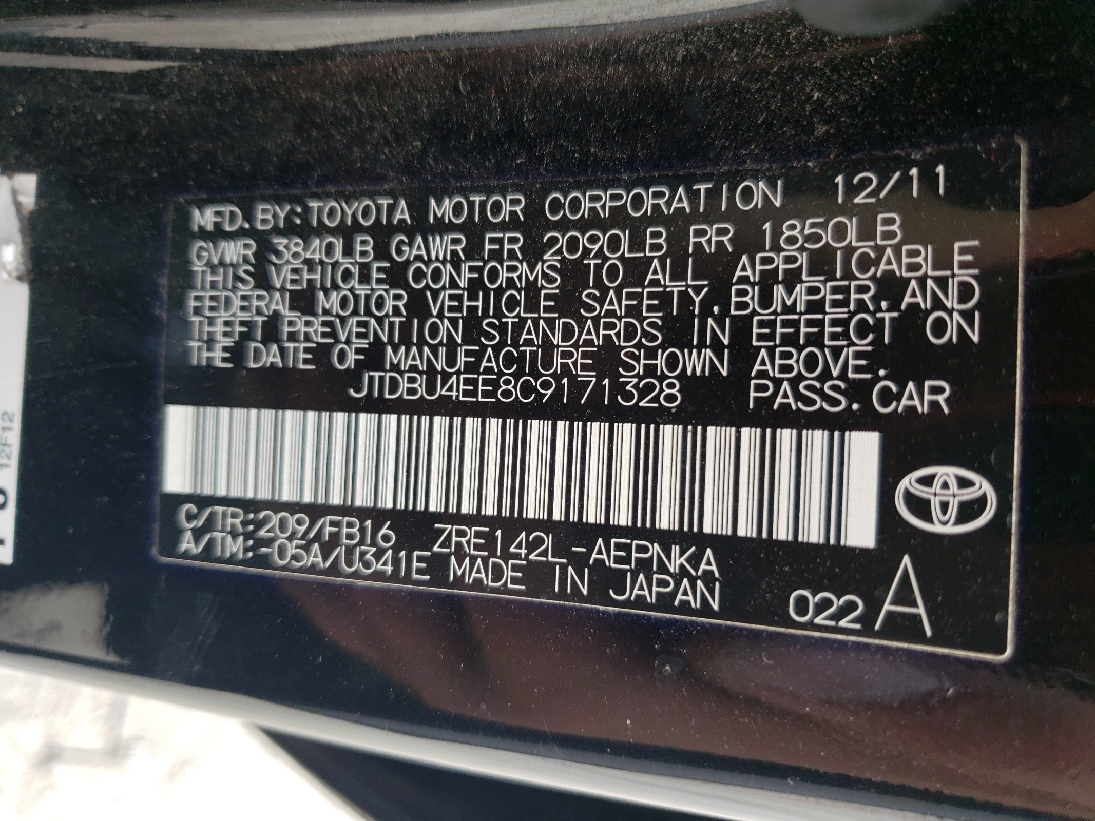 2012 Toyota Corolla Base vin: JTDBU4EE8C9171328