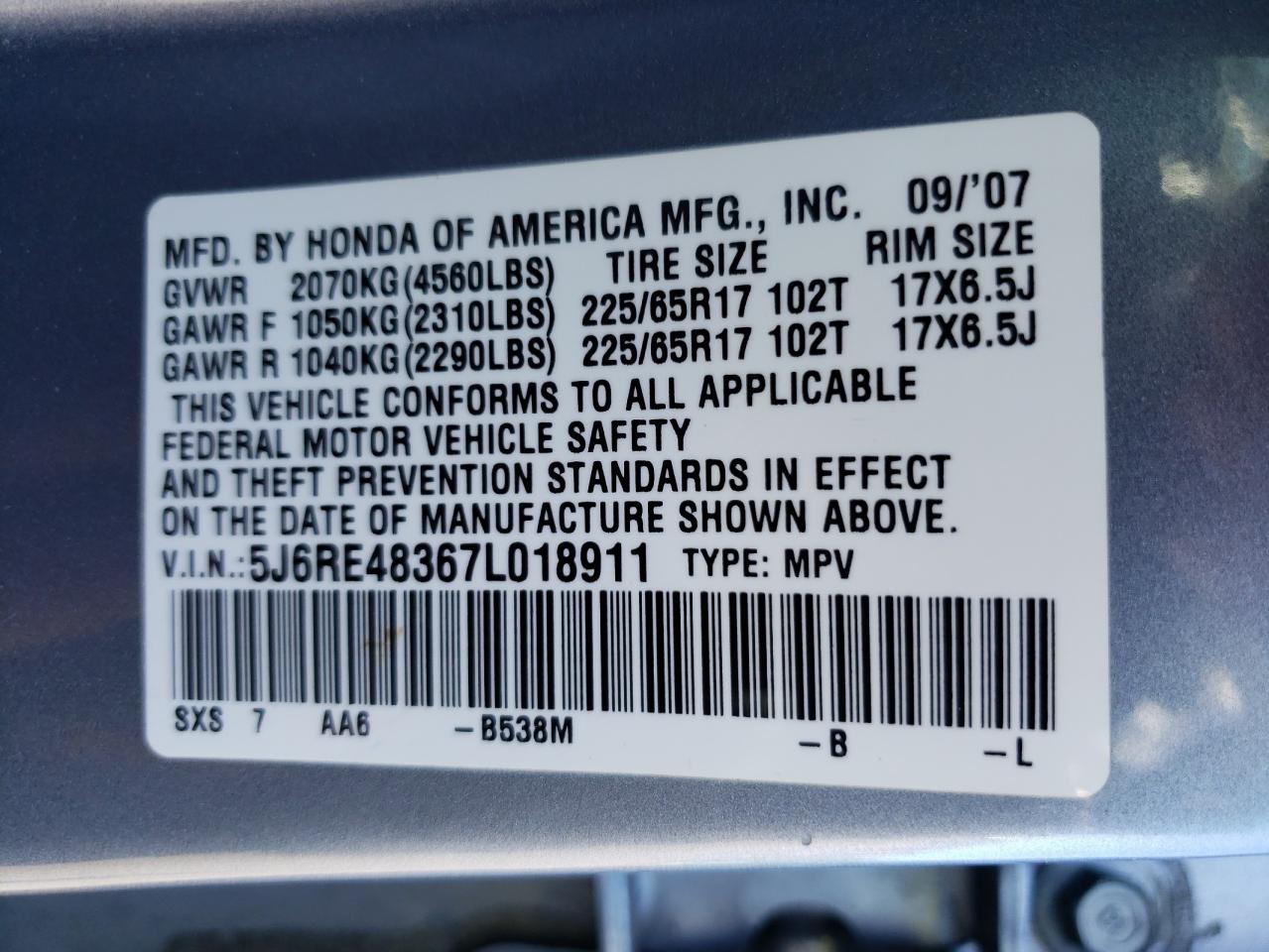 2007 Honda Cr-V Lx VIN: 5J6RE48367L018911 Lot: 61062504