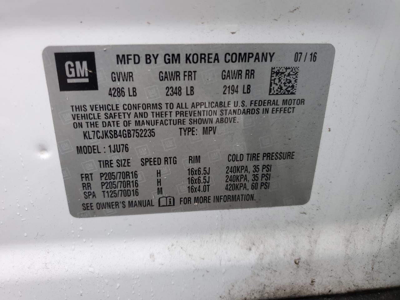 2016 Chevrolet Trax Ls VIN: KL7CJKSB4GB752235 Lot: 62537344