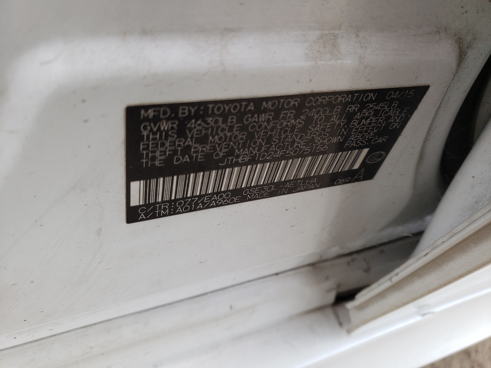 JTHBF1D24F5075156 2015 Lexus Is 250