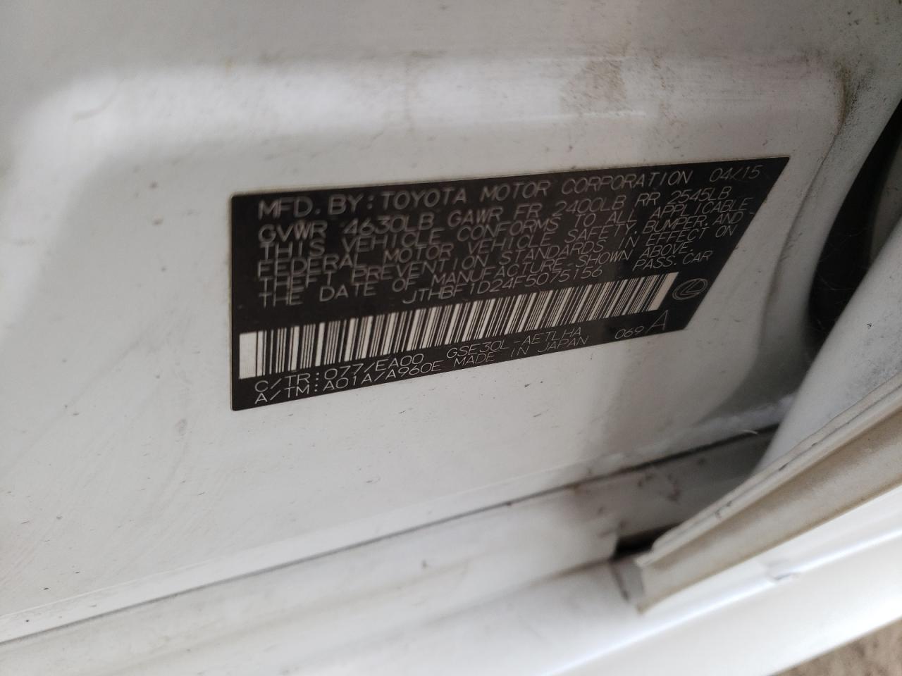 2015 Lexus Is 250 VIN: JTHBF1D24F5075156 Lot: 63505964