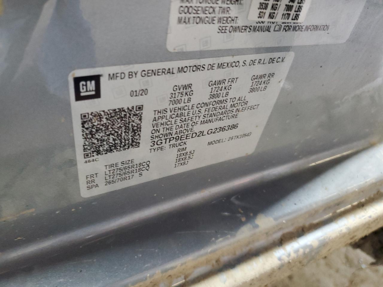 2020 GMC Sierra K1500 At4 VIN: 3GTP9EED2LG236386 Lot: 64164744