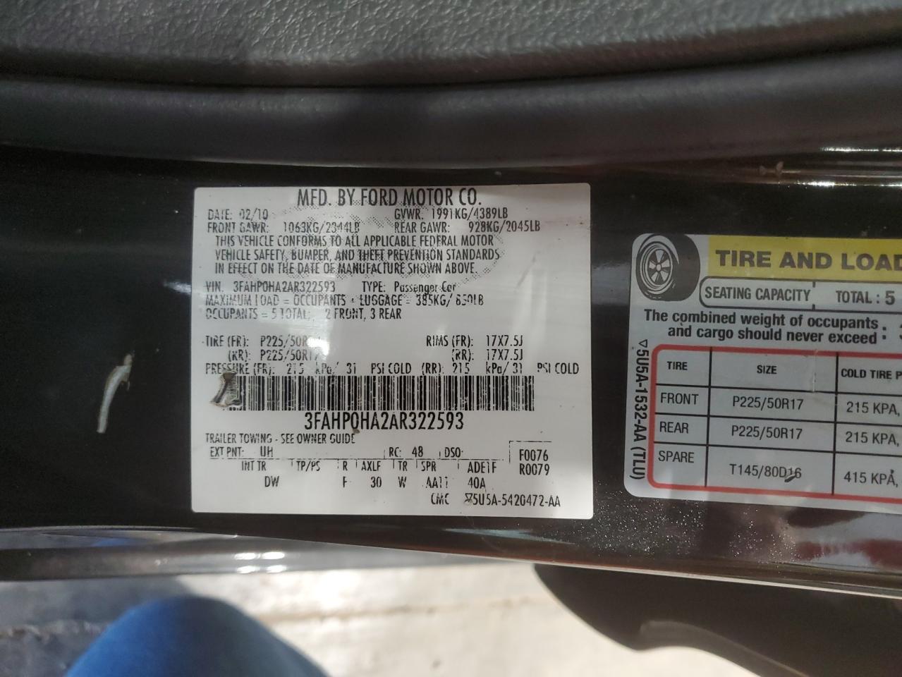 3FAHP0HA2AR322593 2010 Ford Fusion Se