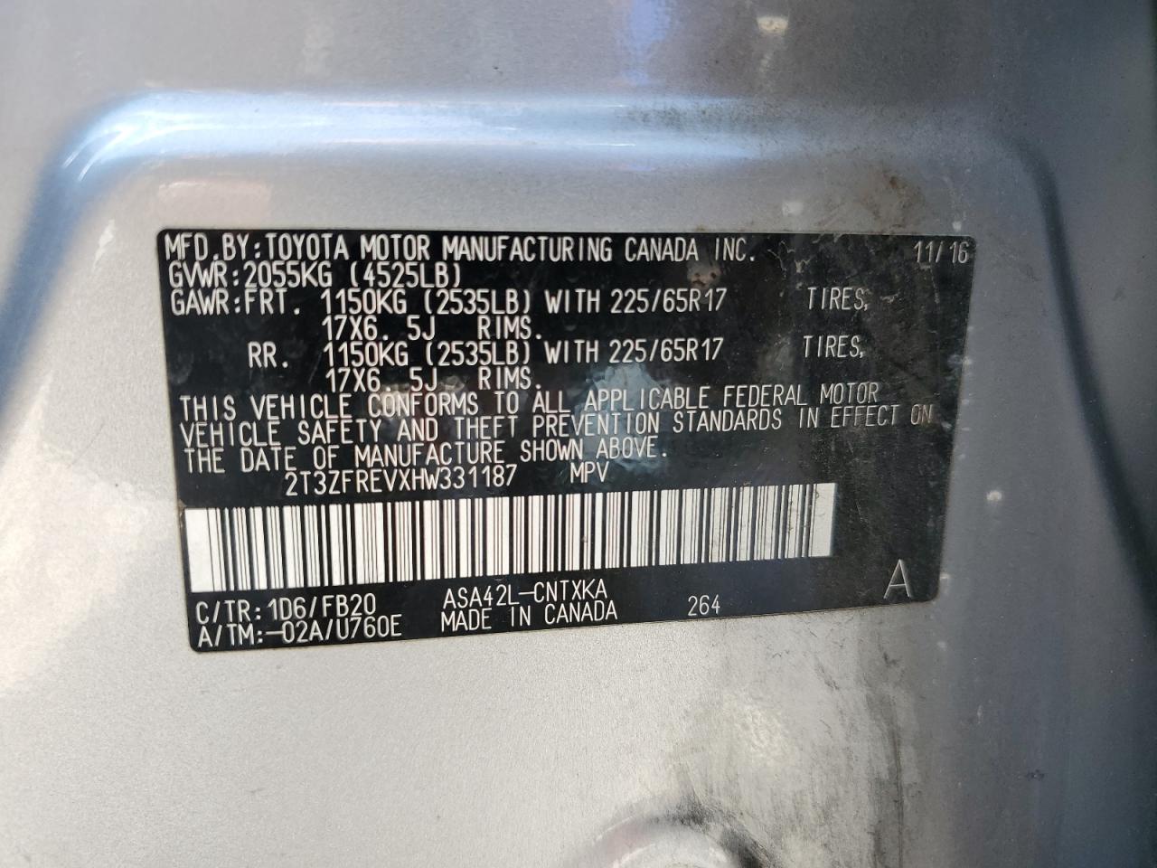 2017 Toyota Rav4 Le VIN: 2T3ZFREVXHW331187 Lot: 62061784