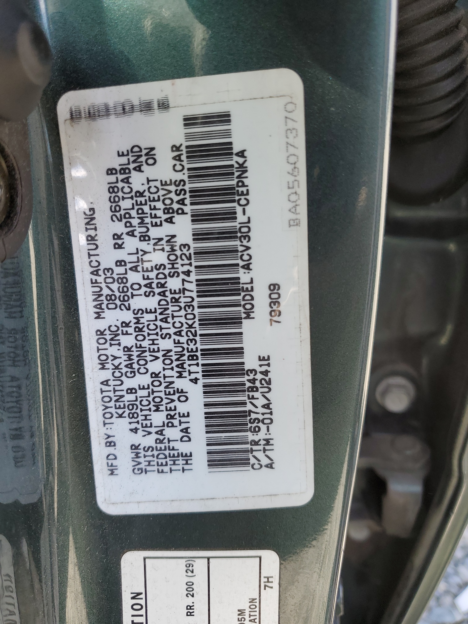 4T1BE32K03U774123 2003 Toyota Camry Le