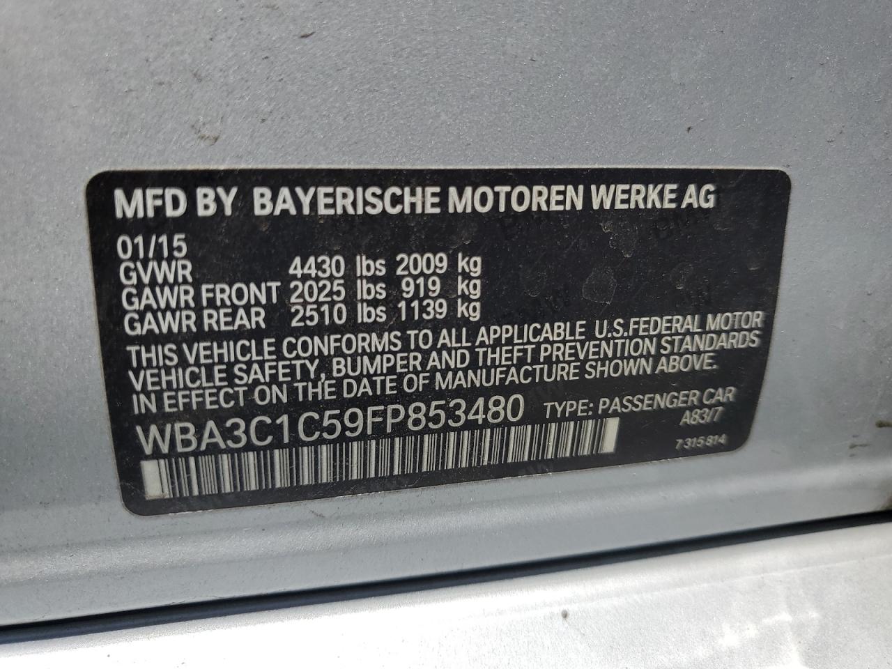 2015 BMW 328 I Sulev VIN: WBA3C1C59FP853480 Lot: 64421184