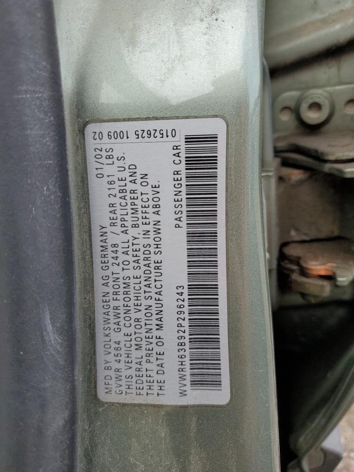 2002 Volkswagen Passat Glx VIN: WVWRH63B92P296243 Lot: 63449224