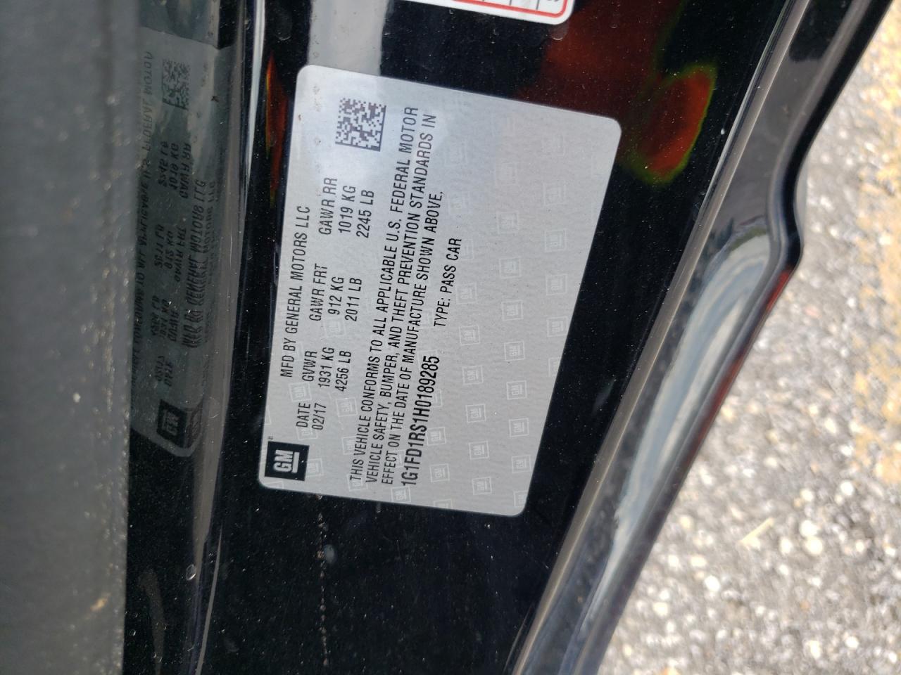 2017 Chevrolet Camaro Lt VIN: 1G1FD1RS1H0189285 Lot: 62524894