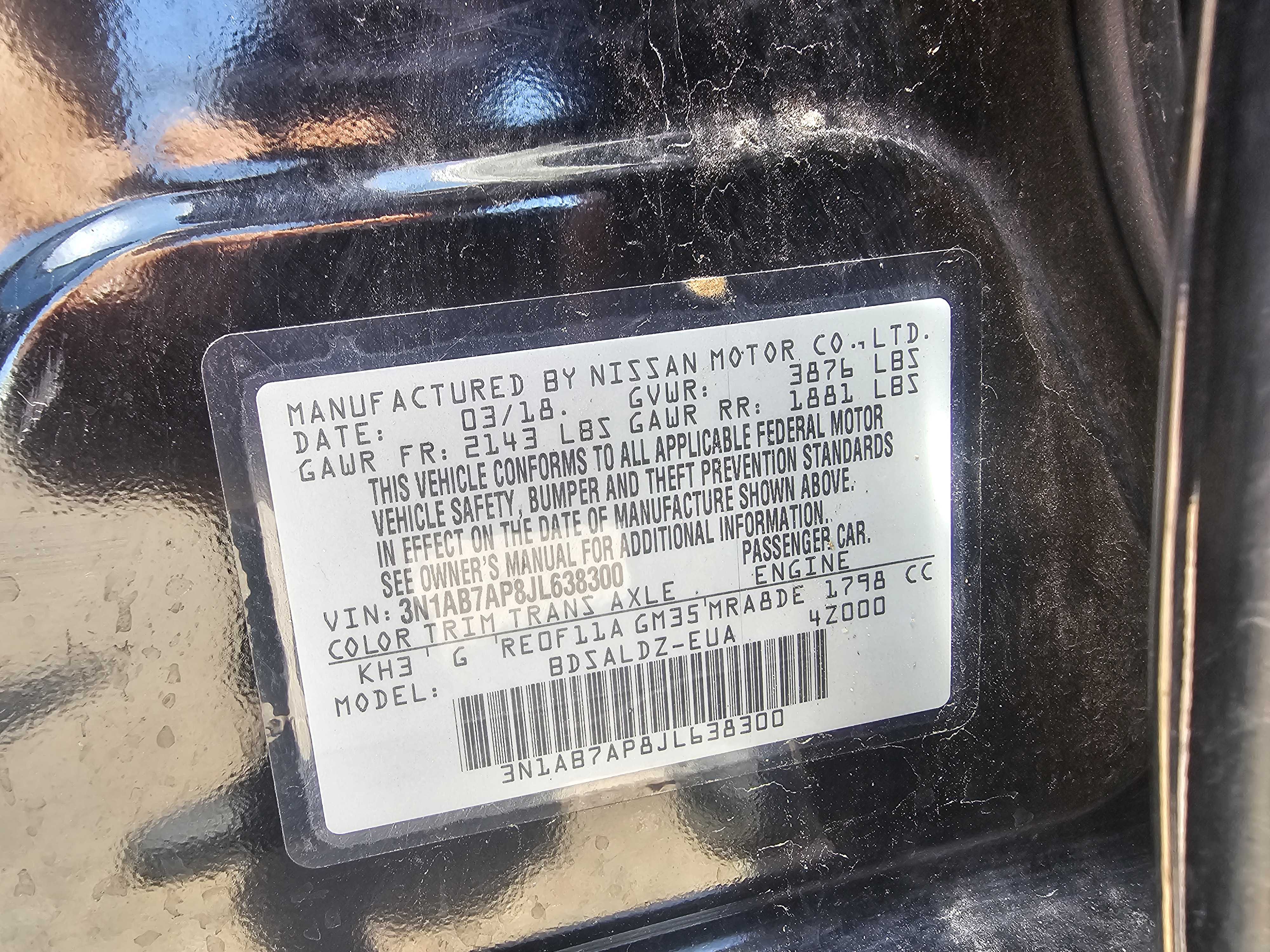 3N1AB7AP8JL638300 2018 Nissan Sentra S