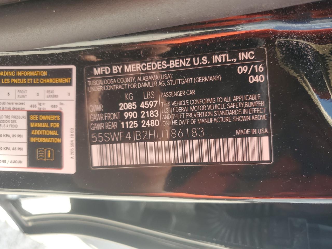 2017 Mercedes-Benz C 300 VIN: 55SWF4JB2HU186183 Lot: 65466044