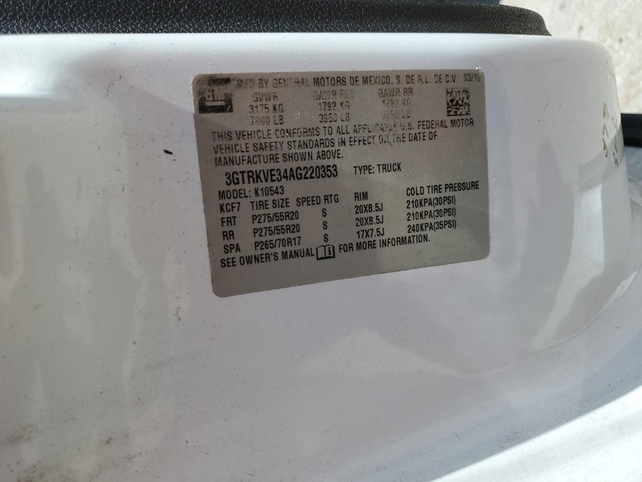 2010 GMC Sierra K1500 Sle VIN: 3GTRKVE34AG220353 Lot: 63970314