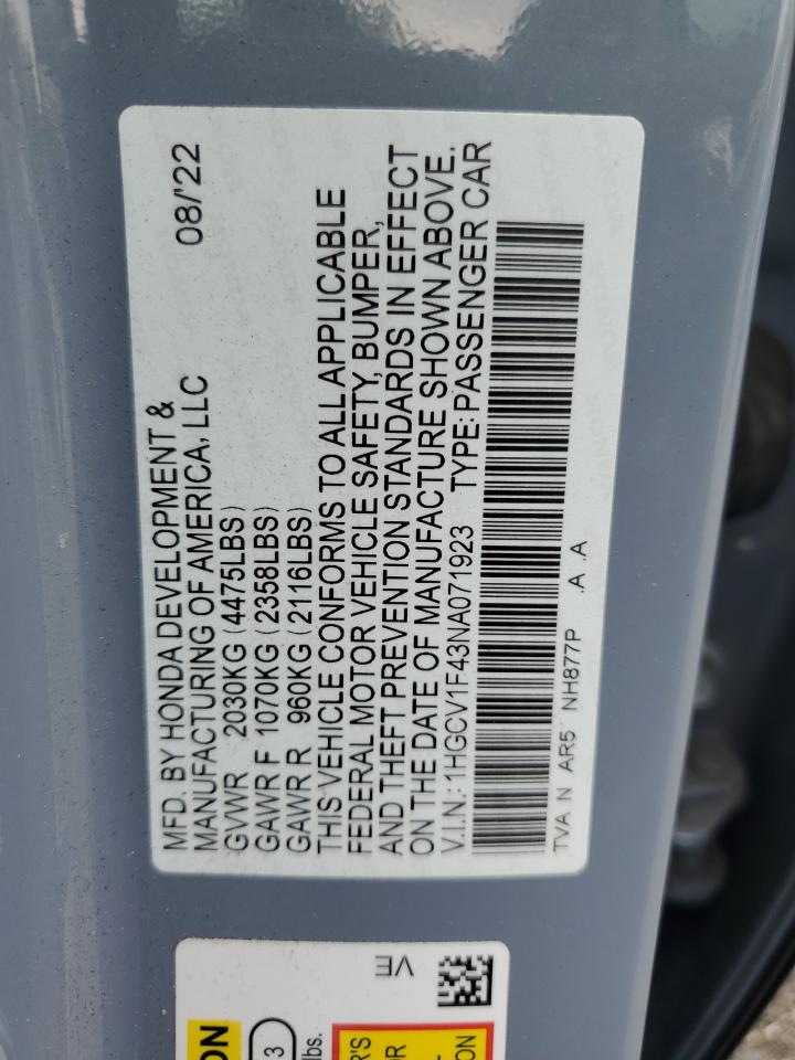 2022 Honda Accord Sport Se VIN: 1HGCV1F43NA071923 Lot: 64744854
