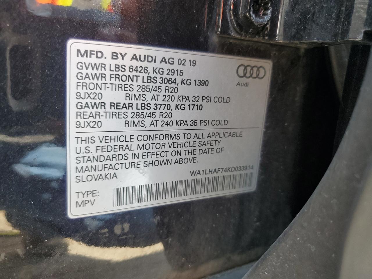 2019 Audi Q7 Premium Plus VIN: WA1LHAF74KD033914 Lot: 63453254