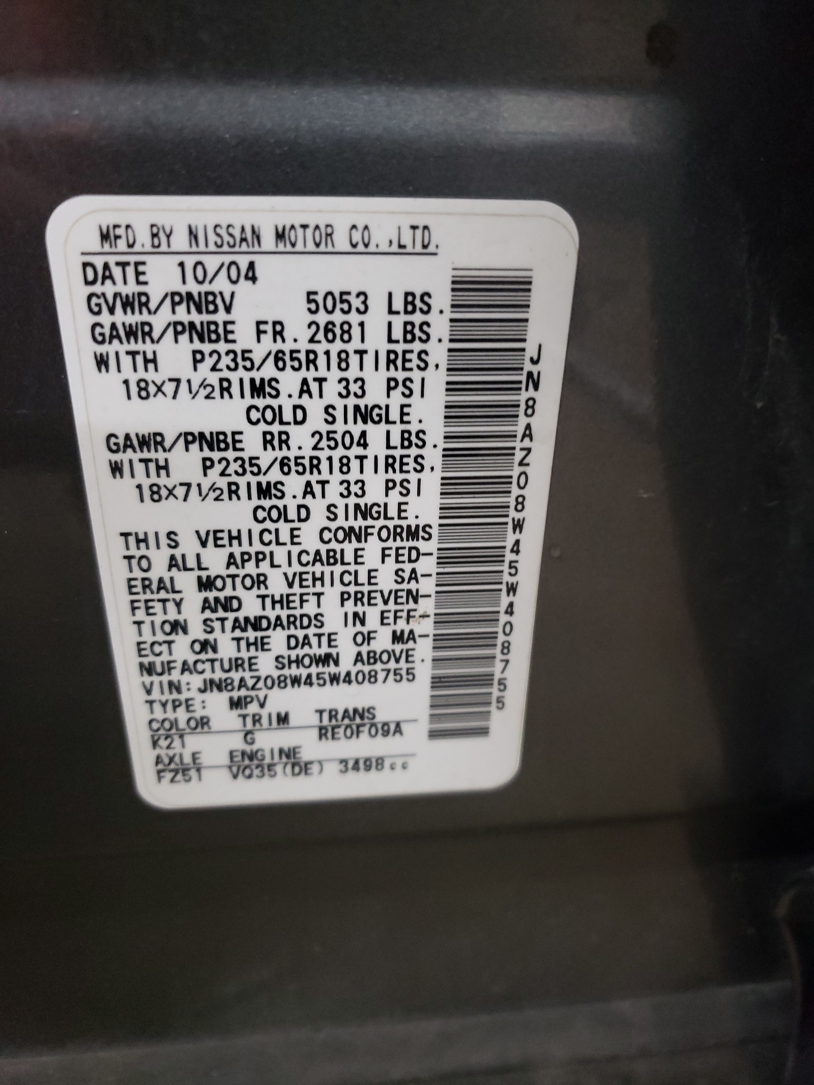 JN8AZ08W45W408755 2005 Nissan Murano Sl