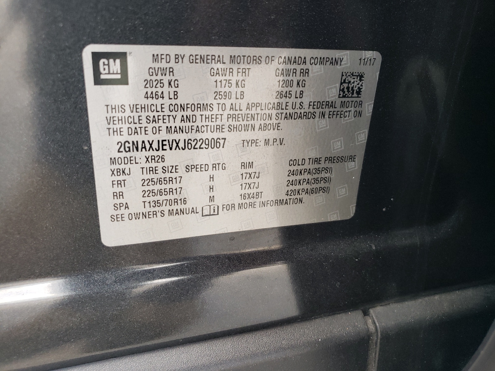 2GNAXJEVXJ6229067 2018 Chevrolet Equinox Lt