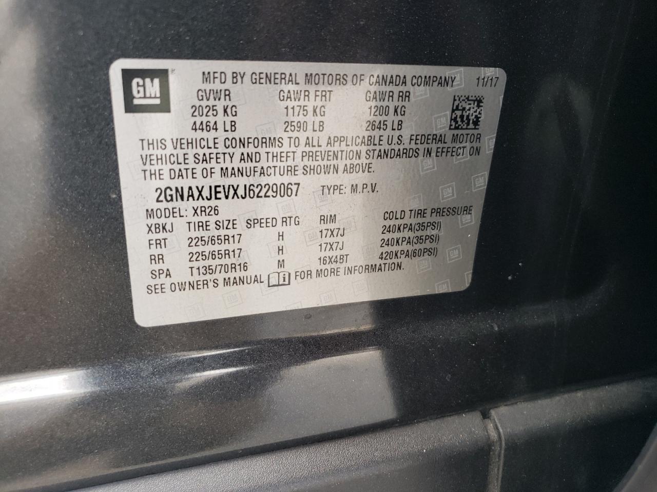 2018 Chevrolet Equinox Lt VIN: 2GNAXJEVXJ6229067 Lot: 64150424