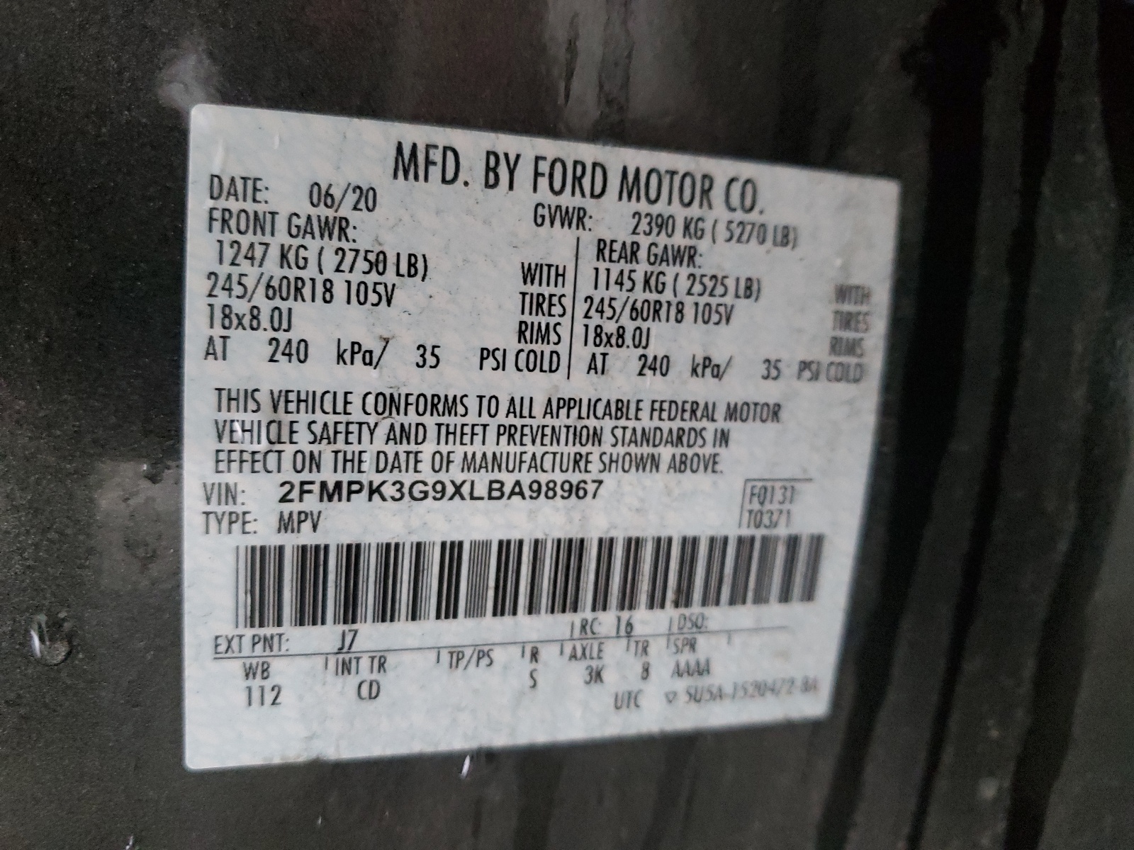 2FMPK3G9XLBA98967 2020 Ford Edge Se