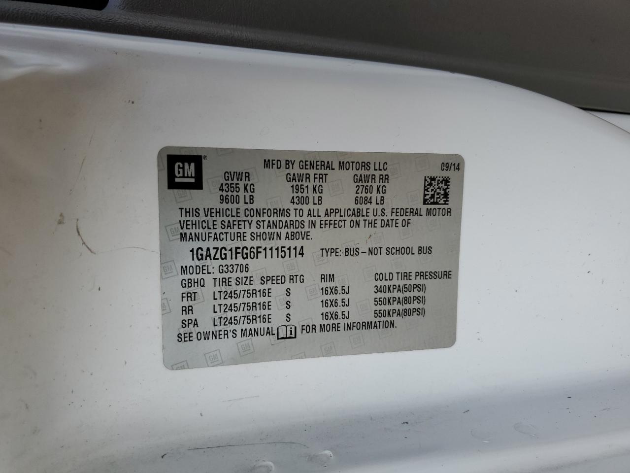 2015 Chevrolet Express G3500 Lt VIN: 1GAZG1FG6F1115114 Lot: 64983274