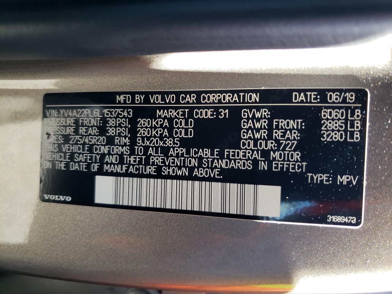 YV4A22PL6L1537543 2020 Volvo Xc90 T6 Inscription