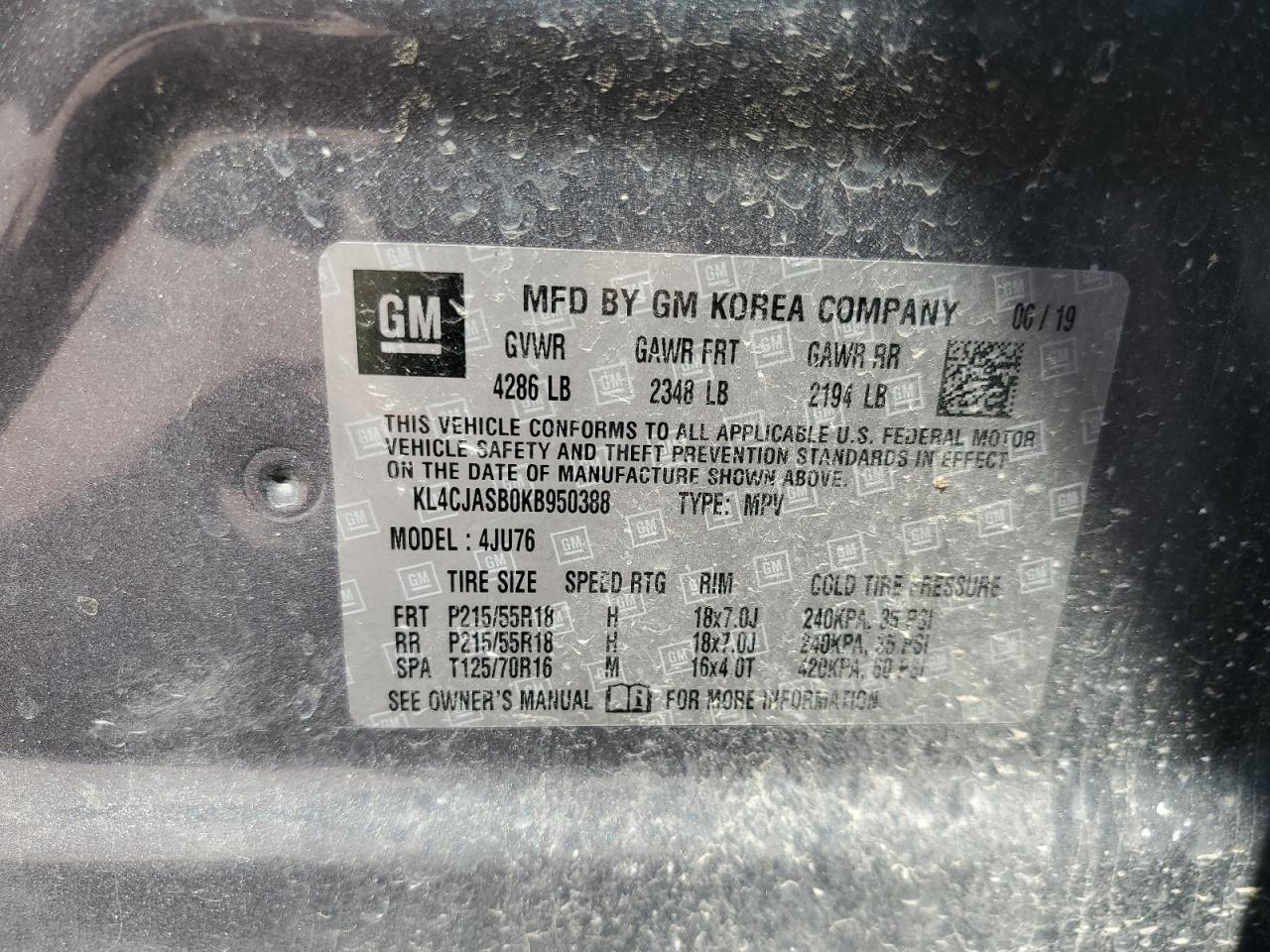 2019 Buick Encore Preferred VIN: KL4CJASB0KB950388 Lot: 62668914