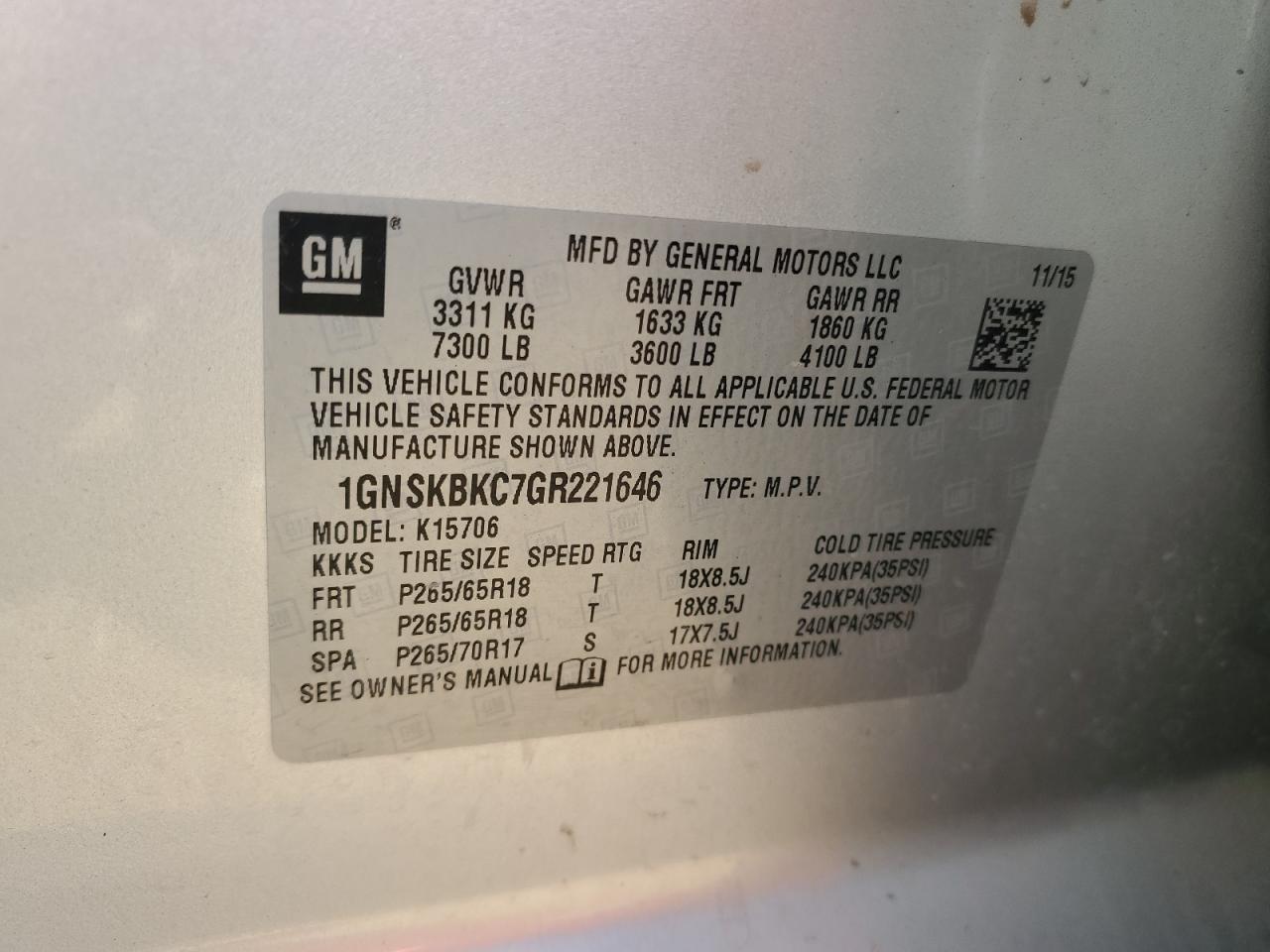 2016 Chevrolet Tahoe K1500 Lt VIN: 1GNSKBKC7GR221646 Lot: 62879364