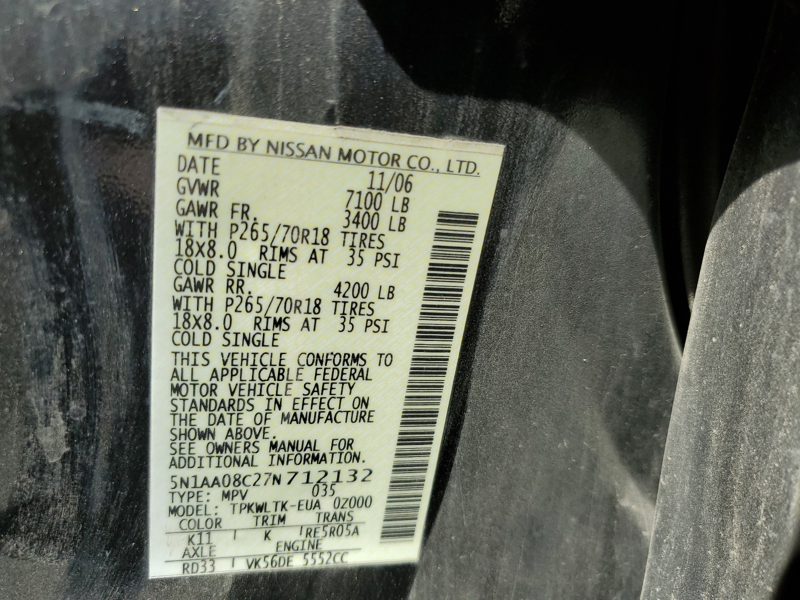 5N1AA08C27N712132 2007 Nissan Armada Se