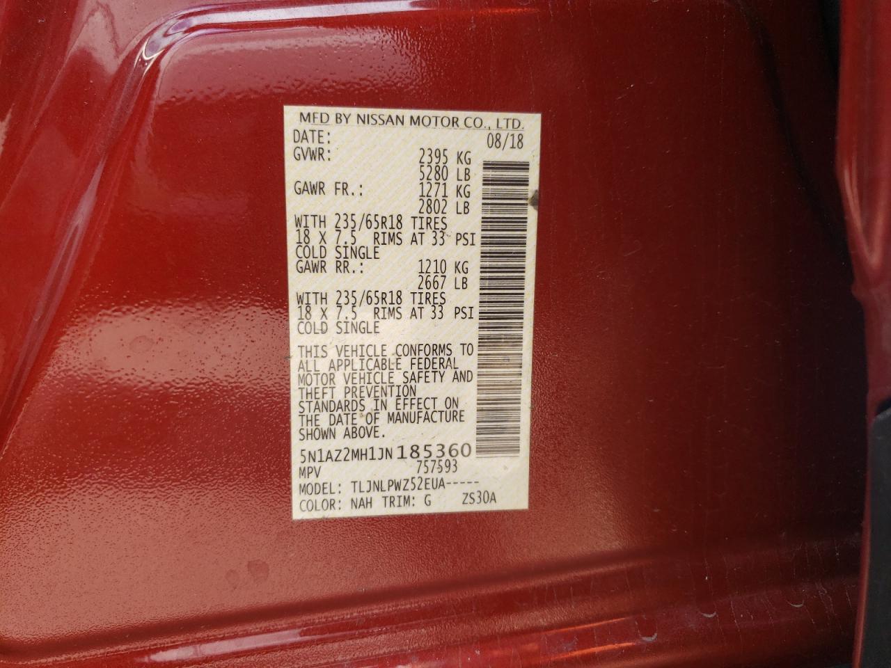 2018 Nissan Murano S VIN: 5N1AZ2MH1JN185360 Lot: 64837404