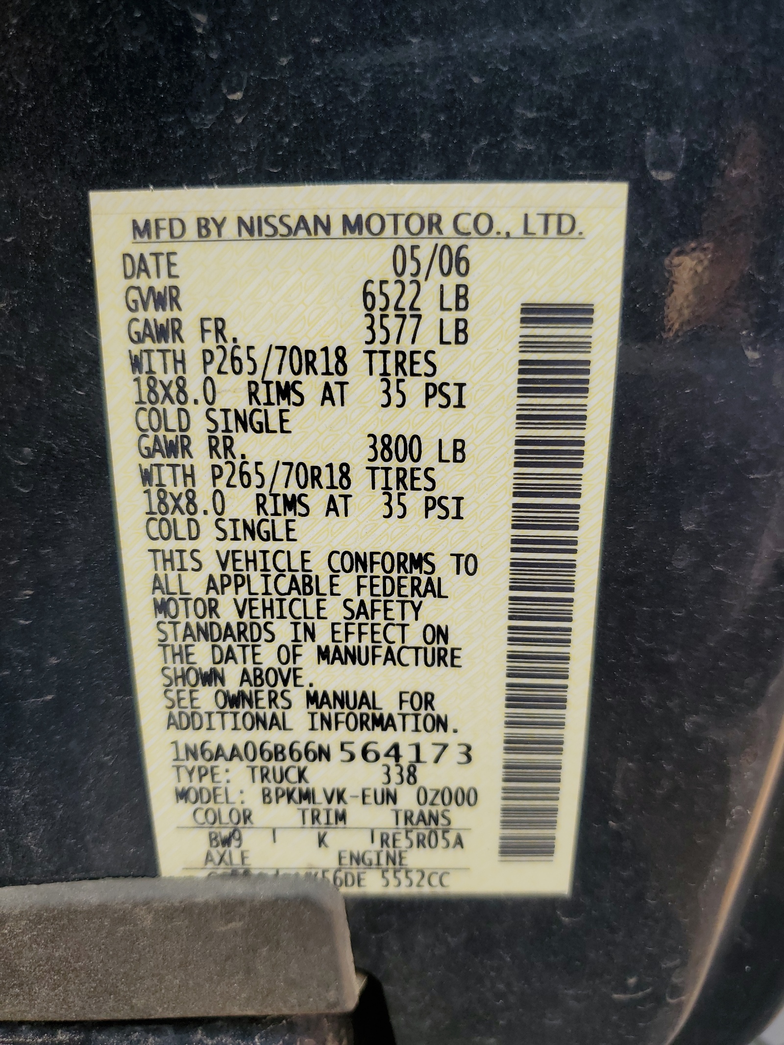 1N6AA06B66N564173 2006 Nissan Titan Xe