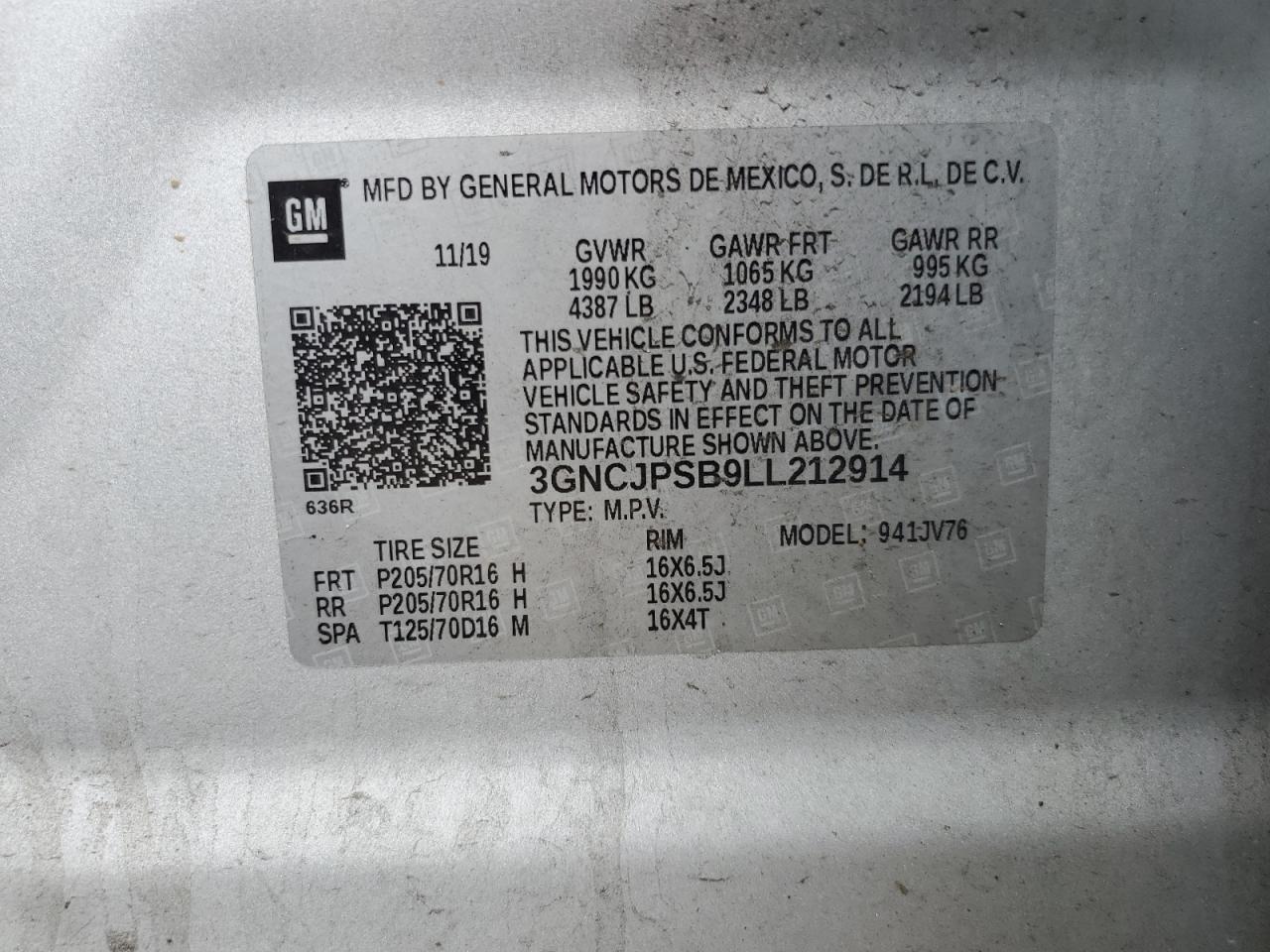 2020 Chevrolet Trax 1Lt VIN: 3GNCJPSB9LL212914 Lot: 62217564