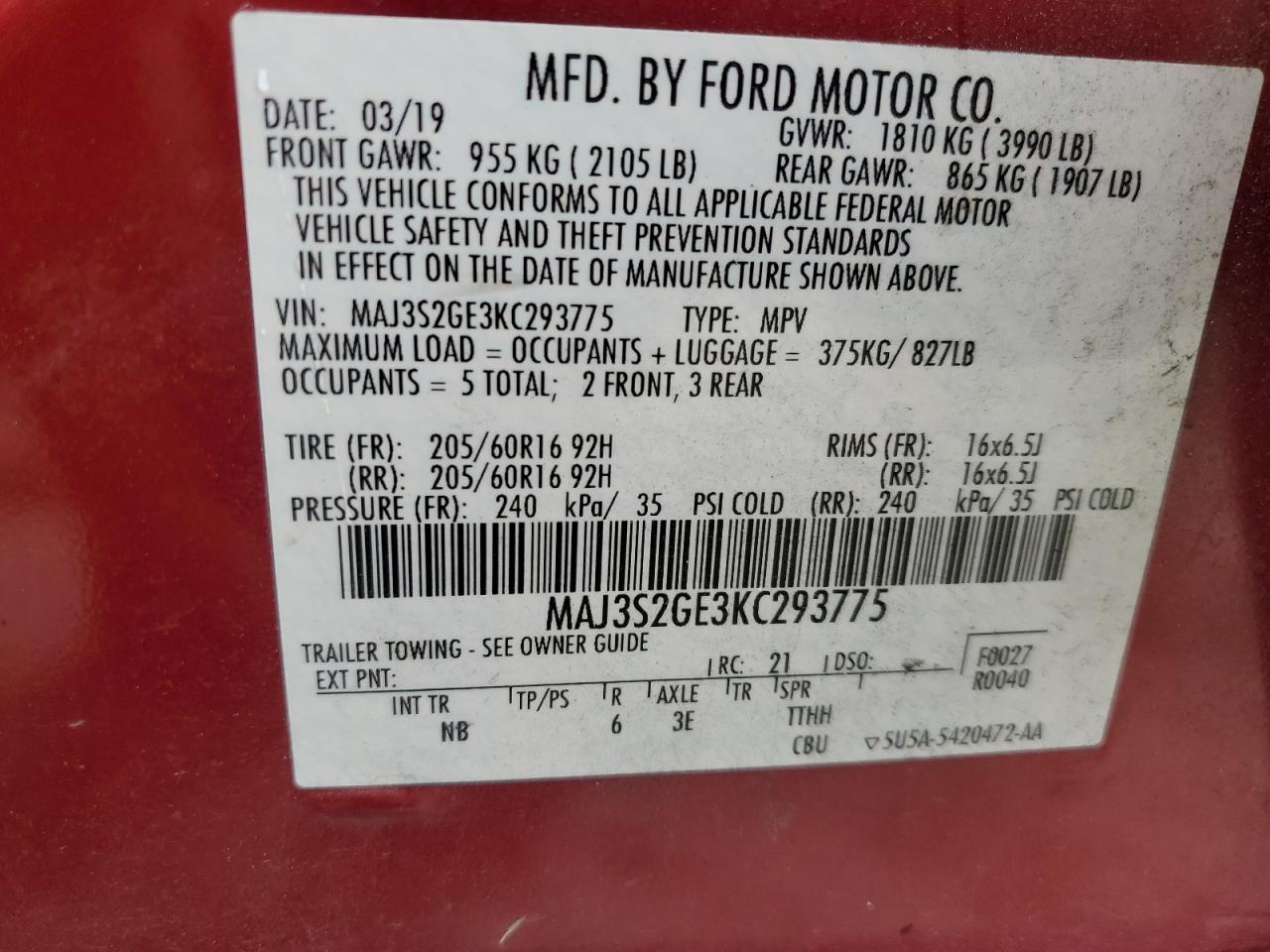 MAJ3S2GE3KC293775 2019 Ford Ecosport Se