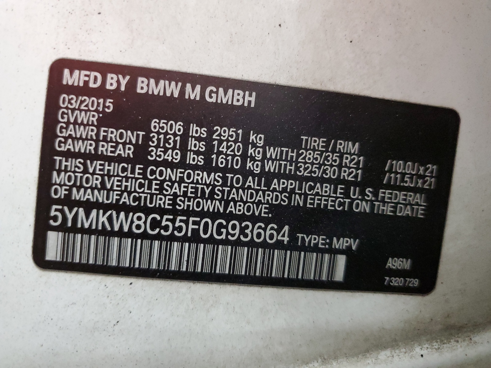 5YMKW8C55F0G93664 2015 BMW X6 M