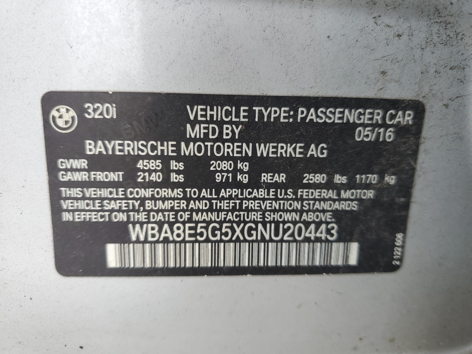 WBA8E5G5XGNU20443 2016 BMW 320 Xi