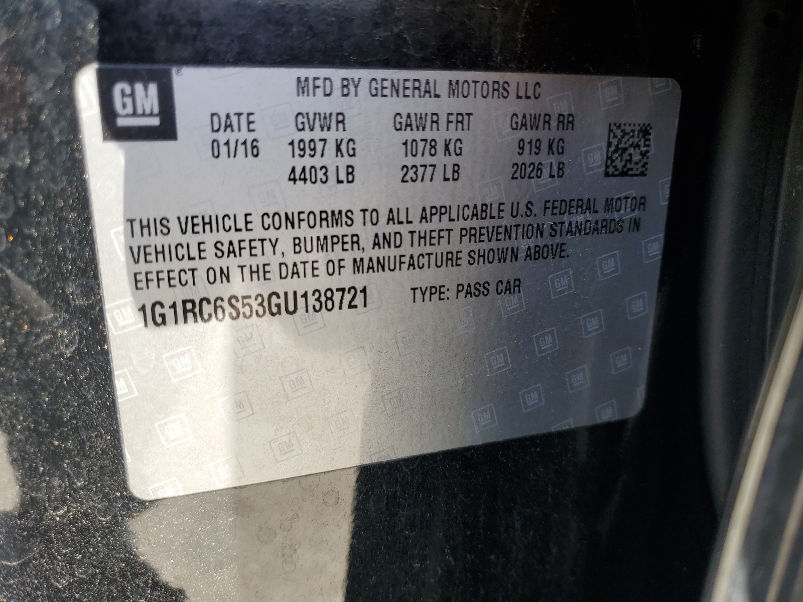 1G1RC6S53GU138721 2016 Chevrolet Volt Lt