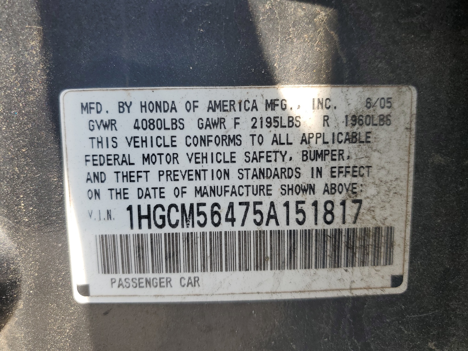 1HGCM56475A151817 2005 Honda Accord Lx
