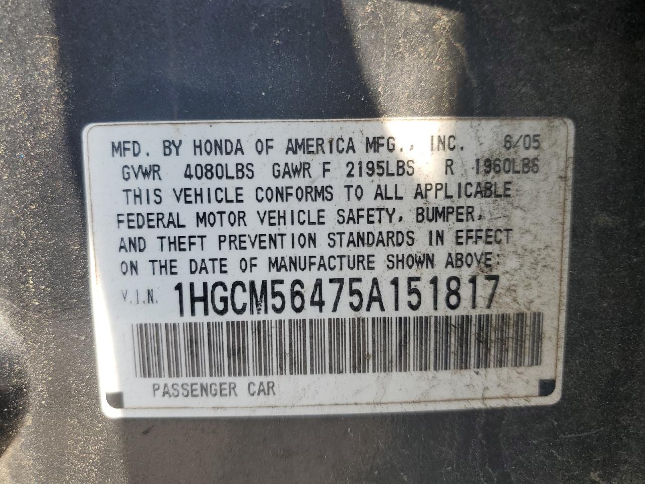2005 Honda Accord Lx VIN: 1HGCM56475A151817 Lot: 62802214