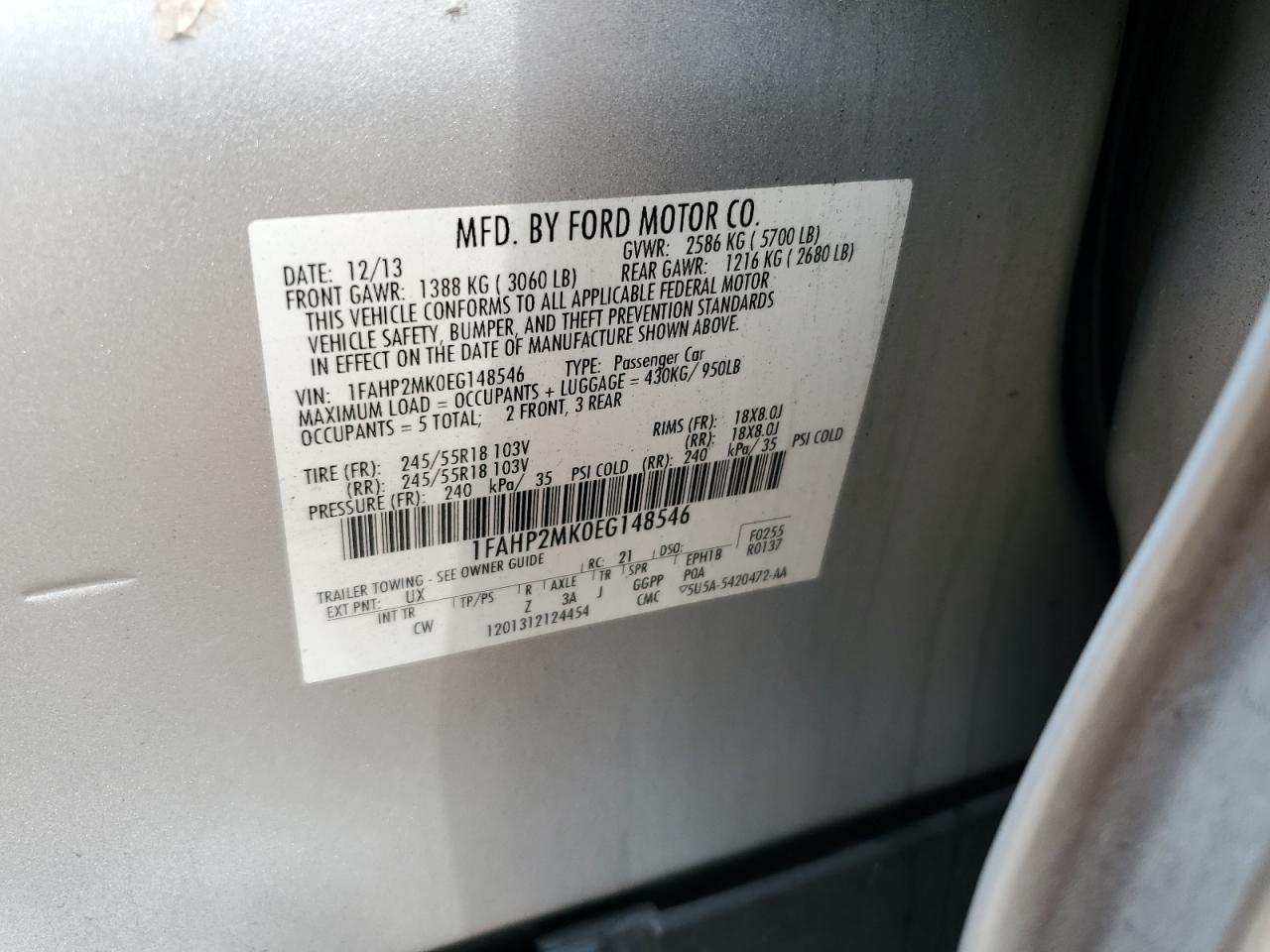 2014 Ford Taurus Police Interceptor VIN: 1FAHP2MK0EG148546 Lot: 64159114